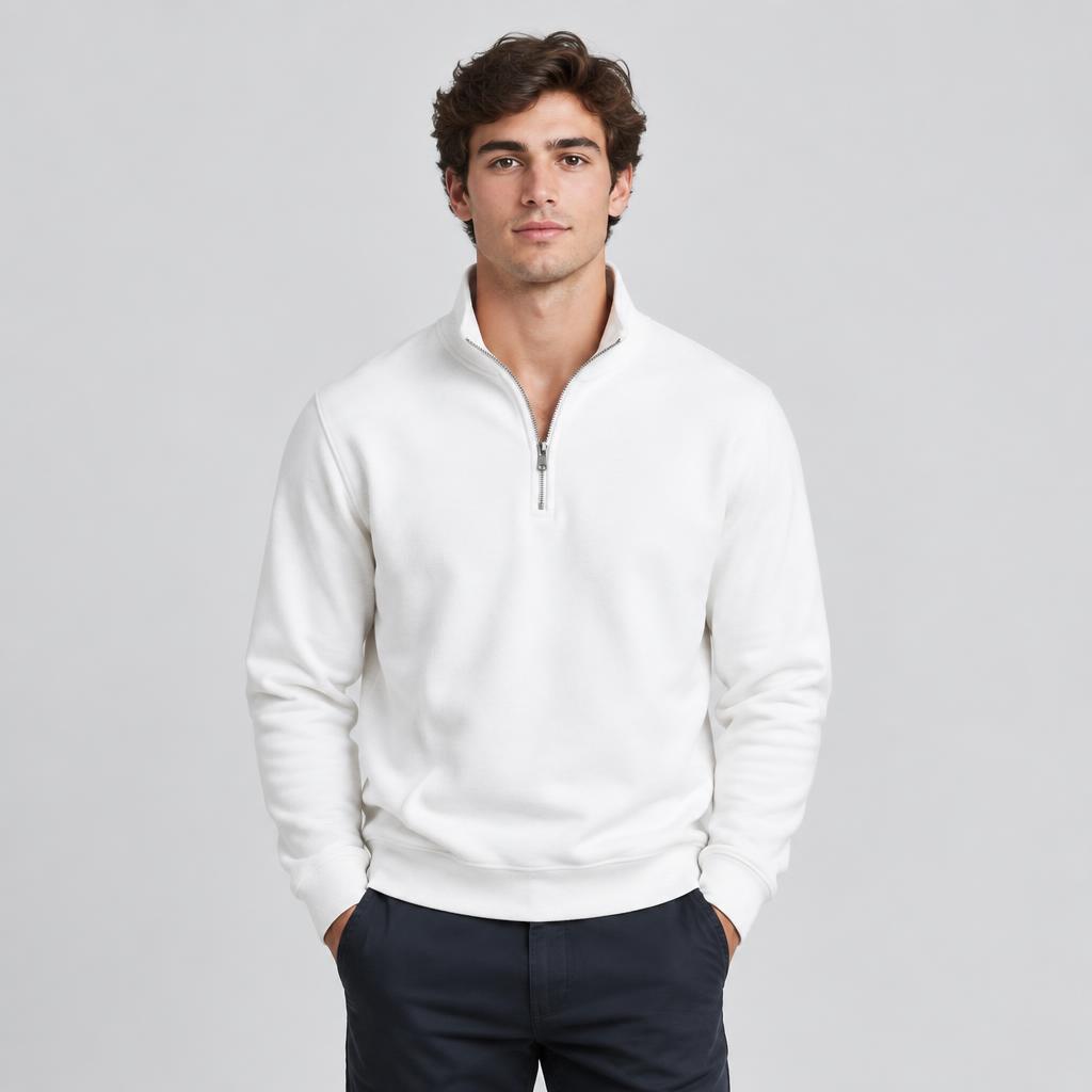 Men model wearing quarter-zip